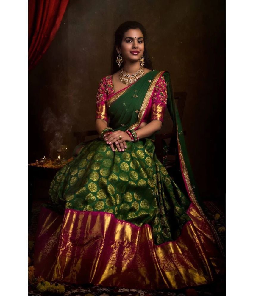     			Trijal Fab Green Jacquard Circular Semi Stitched Lehenga Single