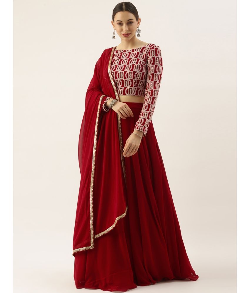     			Trijal Fab Red Georgette Circular Semi Stitched Lehenga Single