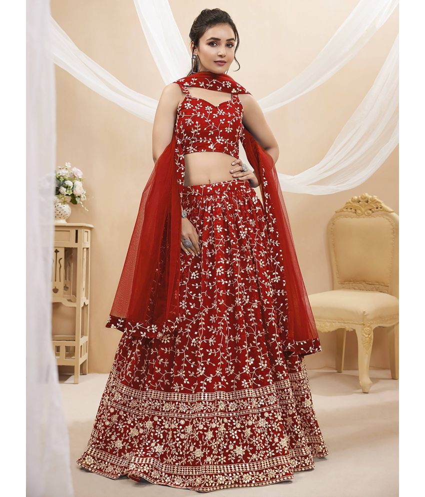     			Trijal Fab Red Georgette Circular Semi Stitched Lehenga Single