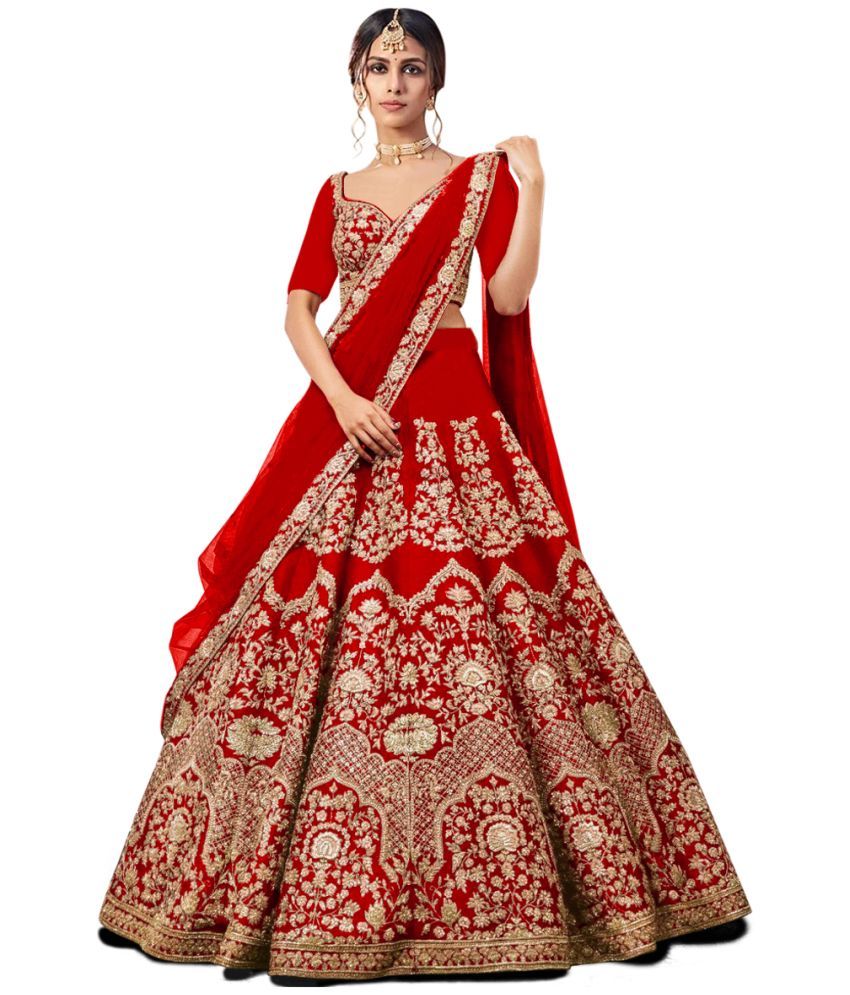     			Trijal Fab Red Silk Circular Semi Stitched Lehenga Single