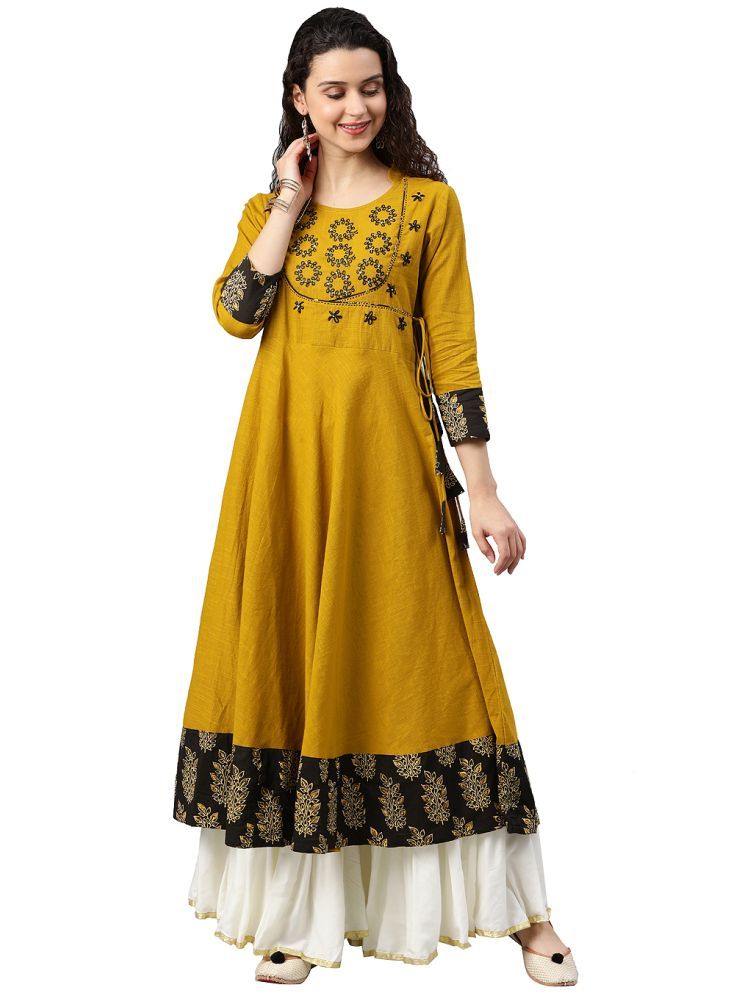     			Yash Gallery Pack of 1 Cotton Embroidered Angrakha Women's Kurti - ( Yellow )