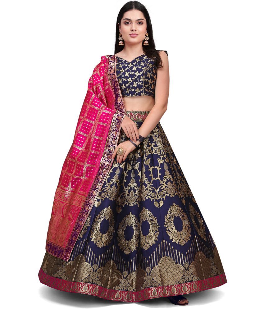     			kedar fab Blue Jacquard Circular Semi Stitched Lehenga Single