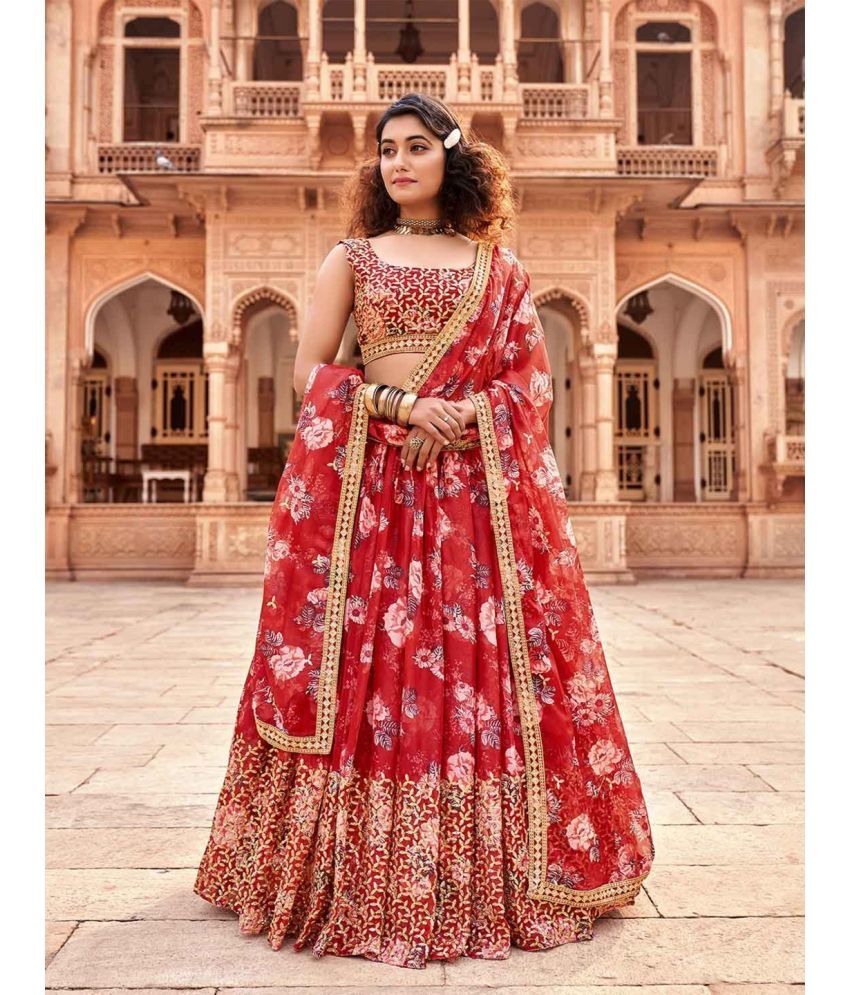     			kedar fab Red Georgette Circular Semi Stitched Lehenga Single