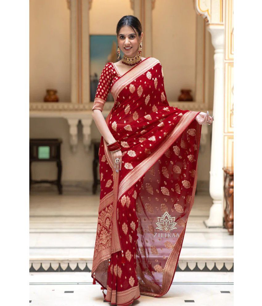     			SAREEKART FAB Pack of 1 Kanjivaram Silk Woven Saree With Blouse Piece ( Red )