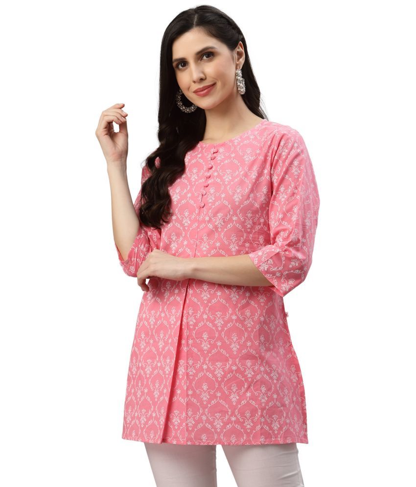     			Yash Gallery Pack of 1 Cotton Printed Straight Women's Kurti - ( Pink )