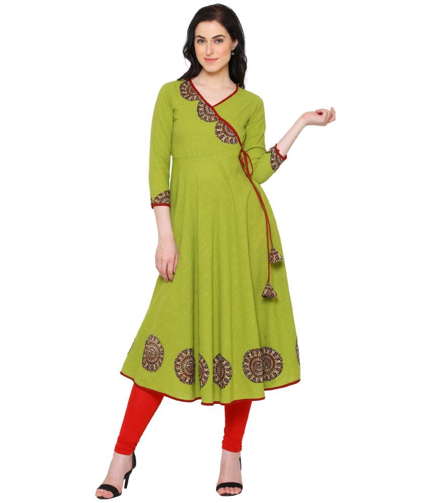     			Yash Gallery Pack of 1 Cotton Printed Angrakha Women's Kurti - ( Green )