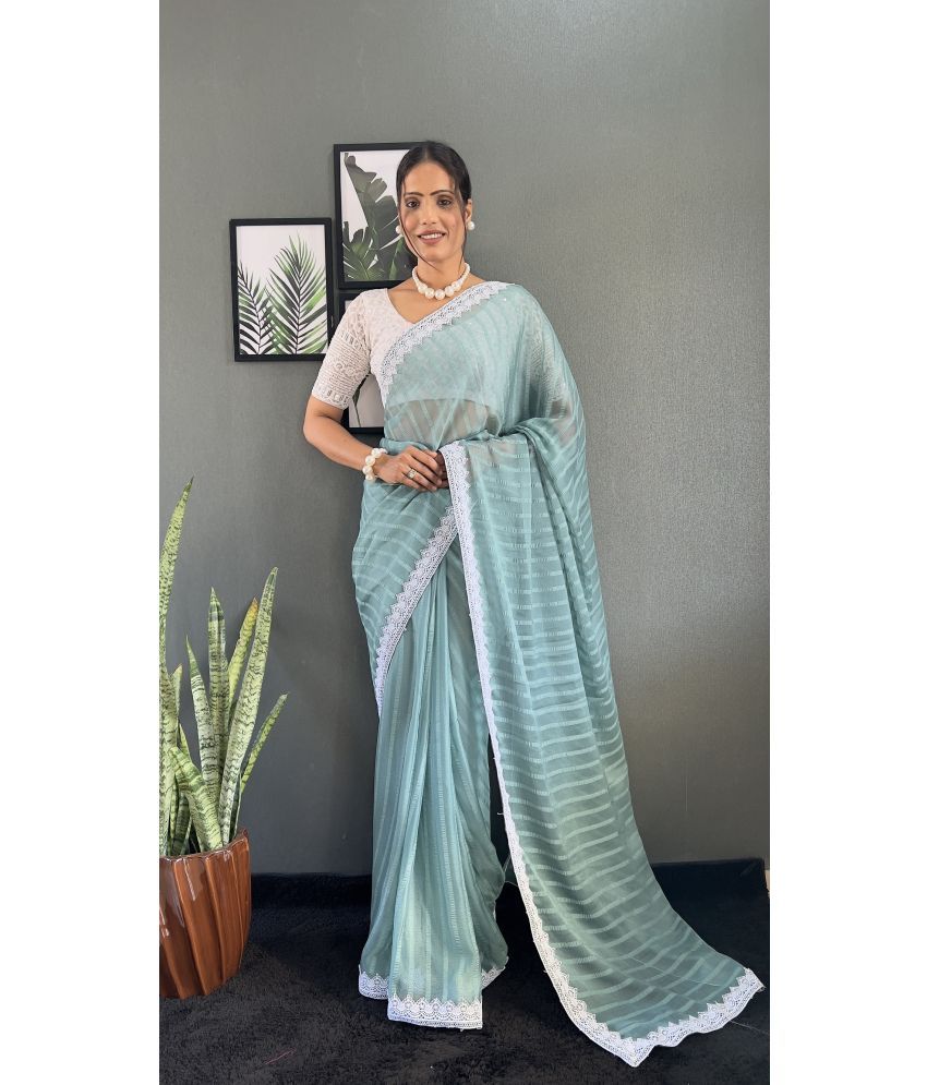     			A TO Z CART Pack of 1 Chiffon Striped Saree With Blouse Piece ( Aqua Blue )