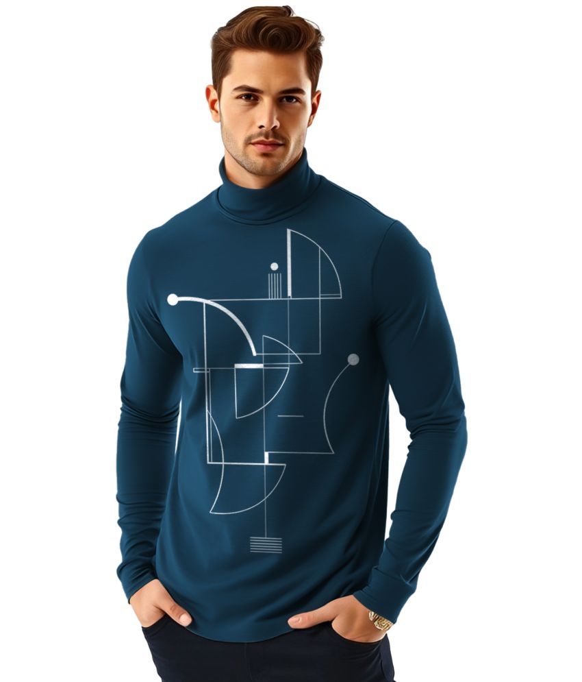     			AOOSH Cotton Blend Regular Fit Printed Full Sleeves Men's High Neck T-Shirt - Teal Blue ( Pack of 1 )