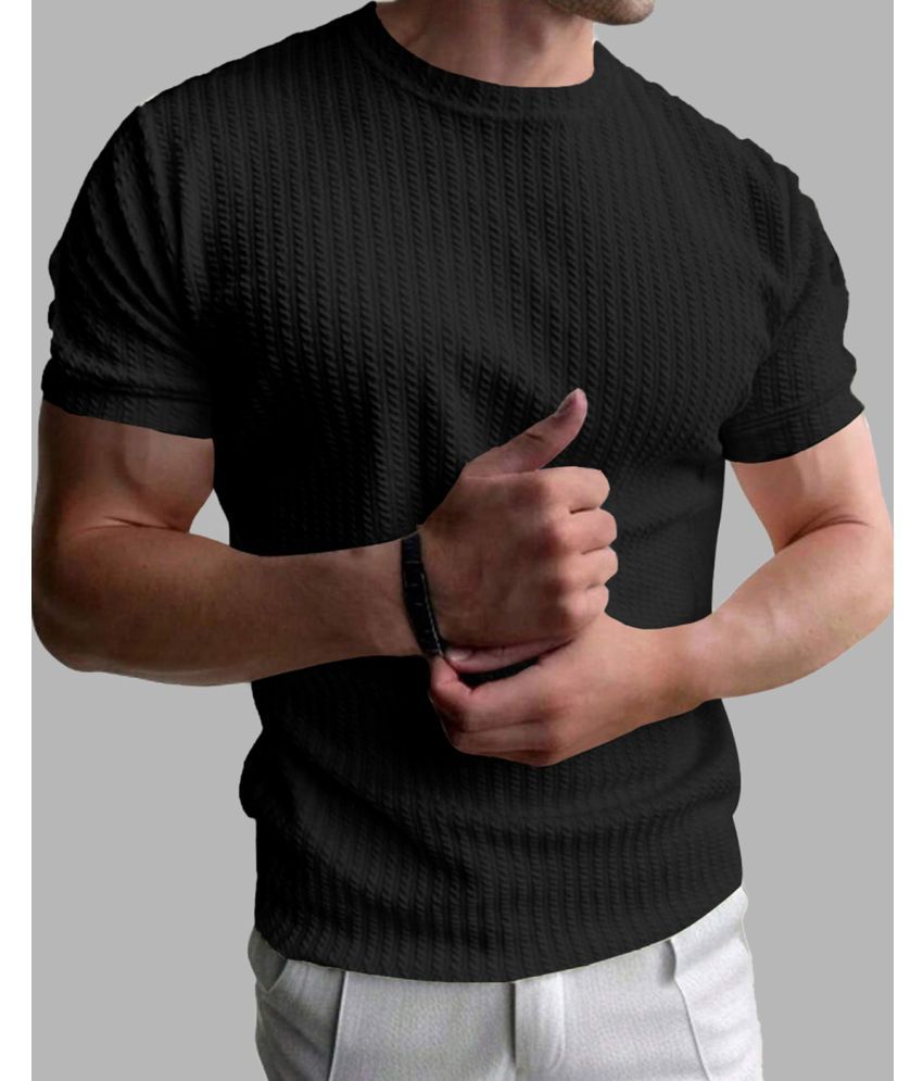     			Eyebogler Polyester Relaxed Fit Self Design Half Sleeves Men's Round T-Shirt - Black ( Pack of 1 )