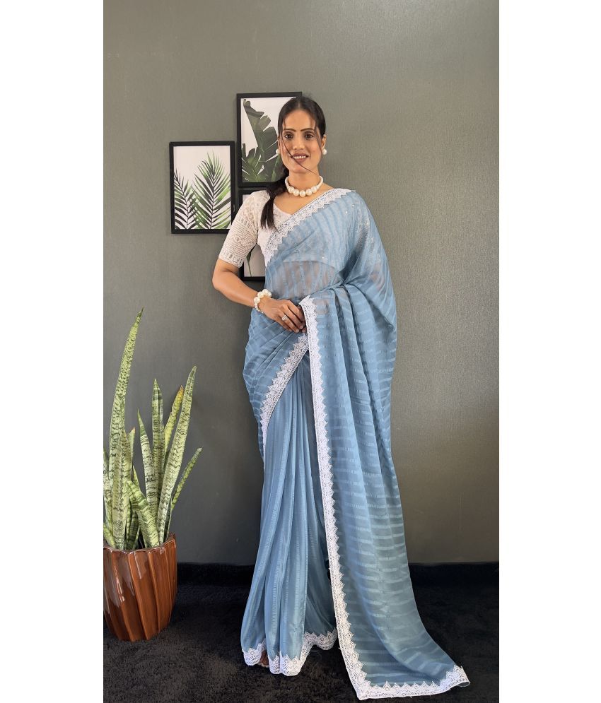     			JULEE Pack of 1 Chiffon Striped Saree With Blouse Piece ( SkyBlue )