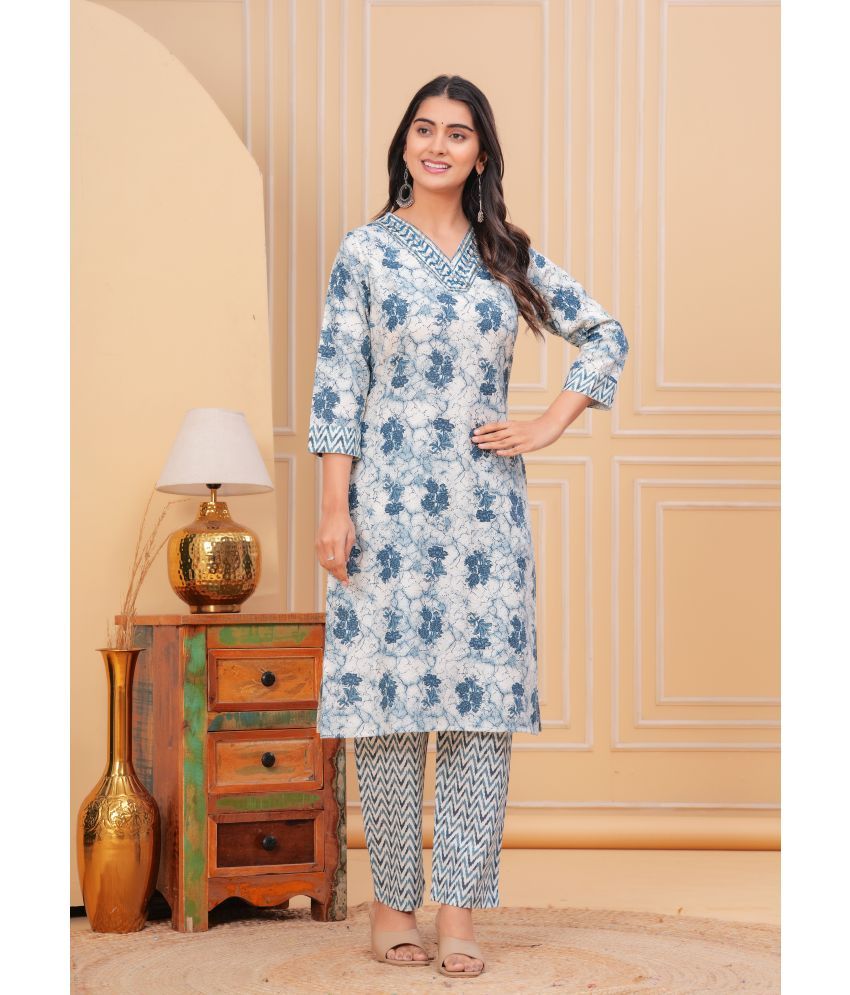     			Kbz Cotton Printed Kurti With Pants Women's Stitched Salwar Suit - Blue ( Pack of 1 )