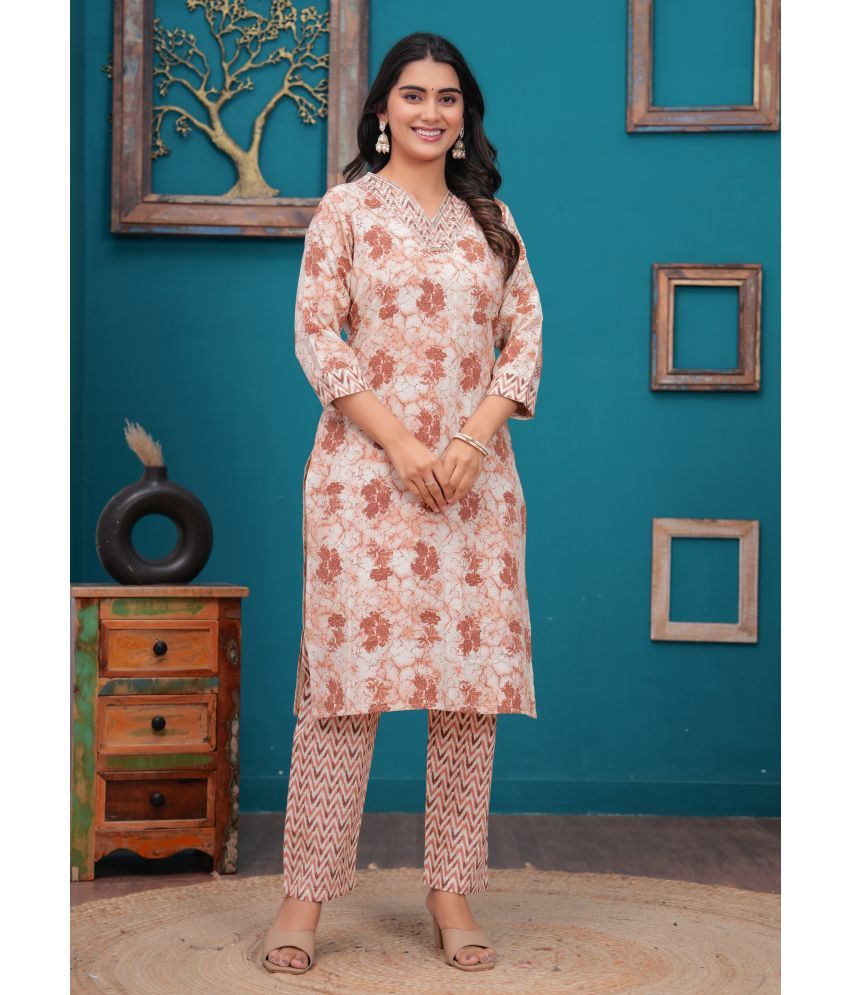     			Kbz Cotton Printed Kurti With Pants Women's Stitched Salwar Suit - Orange ( Pack of 1 )