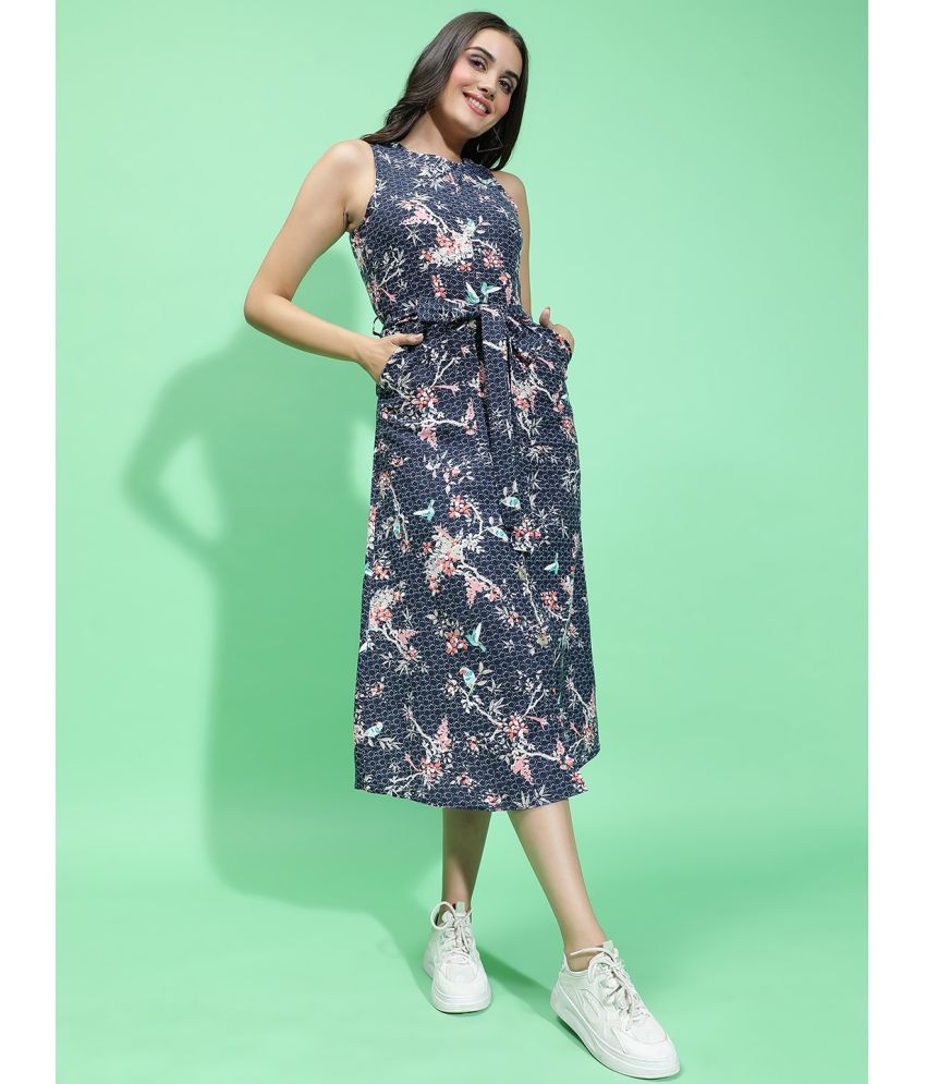     			Oxolloxo Cotton Printed Above Knee Women's A-line Dress - Navy ( Pack of 1 )