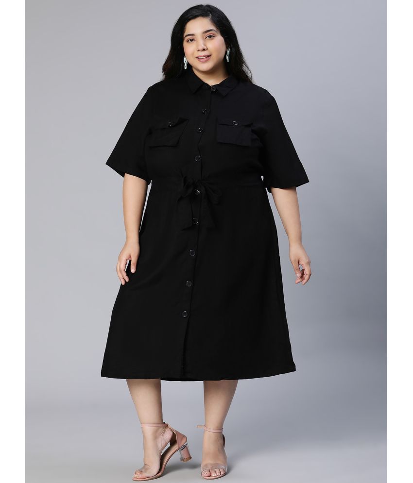     			Oxolloxo Cotton Solid Calf-Length Women's Shirt Dress - Black ( Pack of 1 )