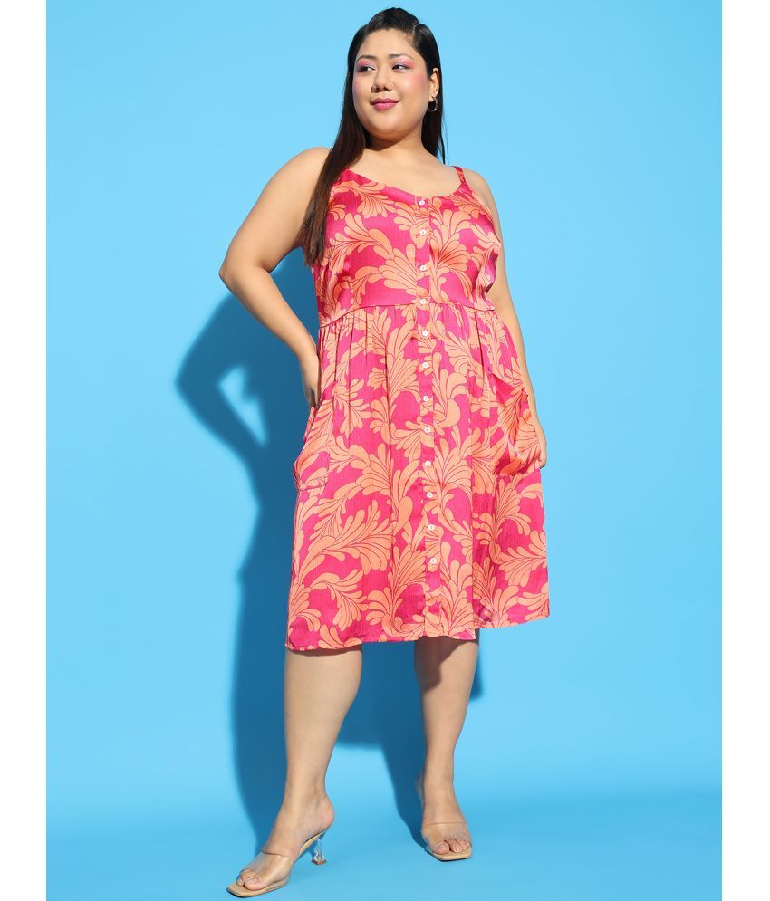     			Oxolloxo Polyester Printed Knee Length Women's Fit & Flare Dress - Pink ( Pack of 1 )