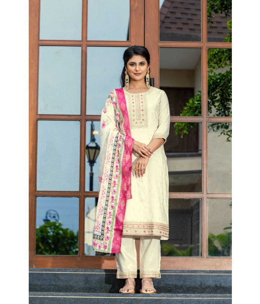     			Sanjana Silks Cotton Embroidered Kurti With Pants Women's Stitched Salwar Suit - Off White ( Pack of 1 )