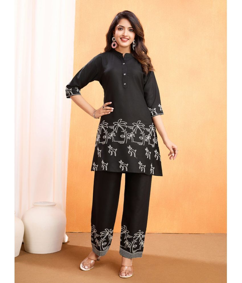     			Sanjana Silks Rayon Printed Kurti With Palazzo Women's Stitched Salwar Suit - Black ( Pack of 1 )