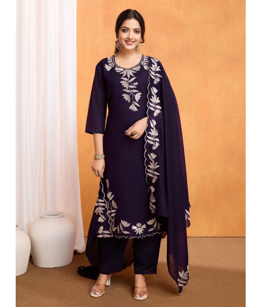     			Sanwariya Silks Silk Blend Embroidered Kurti With Pants Women's Stitched Salwar Suit - Purple ( Pack of 1 )