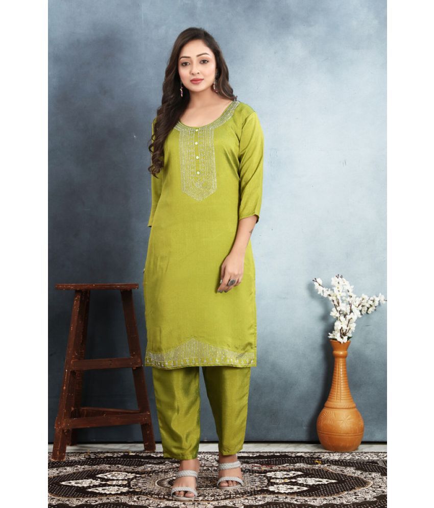     			Sanwariya Silks Silk Blend Printed Kurti With Pants Women's Stitched Salwar Suit - Green ( Pack of 1 )