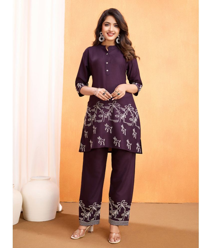     			Sitanjali Lifestyle Rayon Embroidered Kurti With Pants Women's Stitched Salwar Suit - Wine ( Pack of 1 )