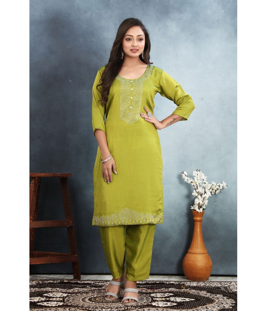     			Sitanjali Lifestyle Silk Blend Embellished Kurti With Pants Women's Stitched Salwar Suit - Green ( Pack of 1 )