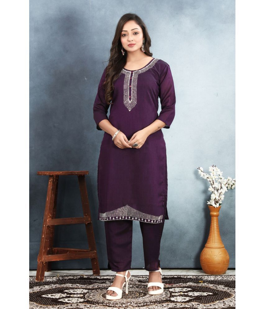     			Sitanjali Lifestyle Silk Blend Embroidered Kurti With Pants Women's Stitched Salwar Suit - Wine ( Pack of 1 )