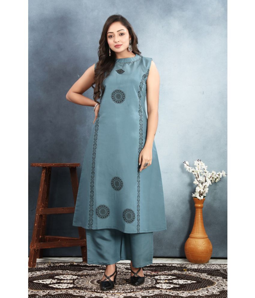     			Sitanjali Lifestyle Silk Printed Kurti With Pants Women's Stitched Salwar Suit - Grey ( Pack of 1 )