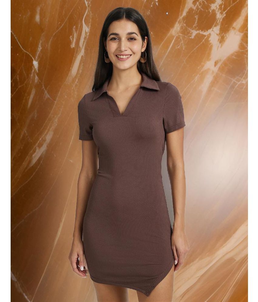     			VIOUR Lycra Striped Mini Women's Bodycon Dress - Brown ( Pack of 1 )