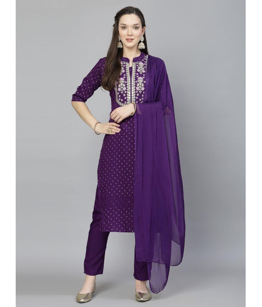     			piludi Viscose Embellished Kurti With Pants Women's Stitched Salwar Suit - Purple ( Pack of 1 )