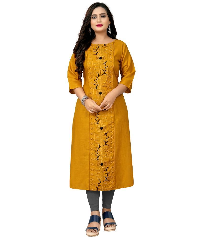     			RIAANA Pack of 1 Cotton Blend Embroidered Straight Women's Kurti - ( Mustard )