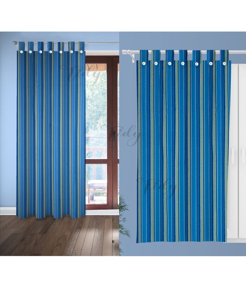     			Tidy Vertical Striped Room Darkening Loop Curtain 6.5 ft ( Pack of 2 ) - Blue