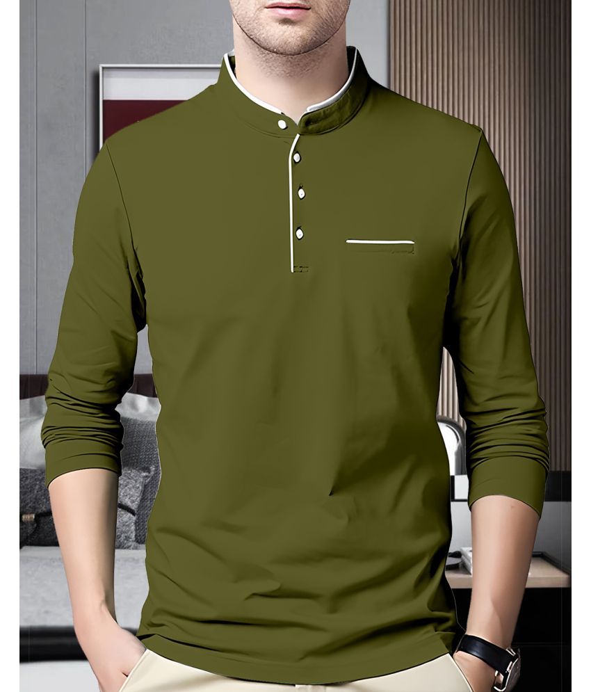     			AOOSH Cotton Blend Regular Fit Solid Full Sleeves Men's Mandarin Collar T-Shirt - Olive ( Pack of 1 )