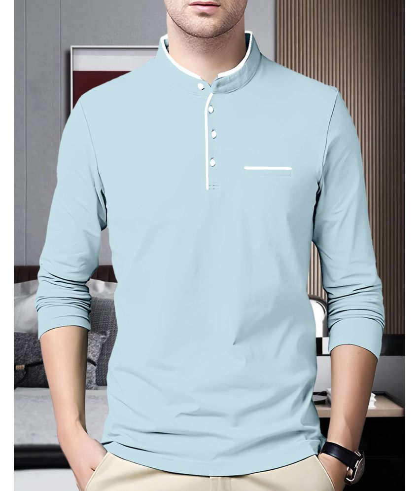     			AOOSH Cotton Blend Regular Fit Solid Full Sleeves Men's Mandarin Collar T-Shirt - Light Blue ( Pack of 1 )