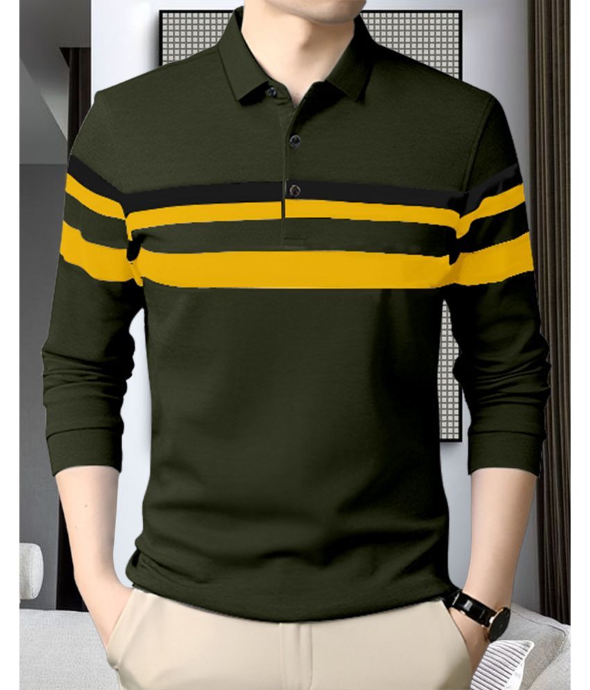     			AOOSH Pack of 1 Cotton Blend Regular Fit Striped Full Sleeves Men's Polo T Shirt ( Olive )