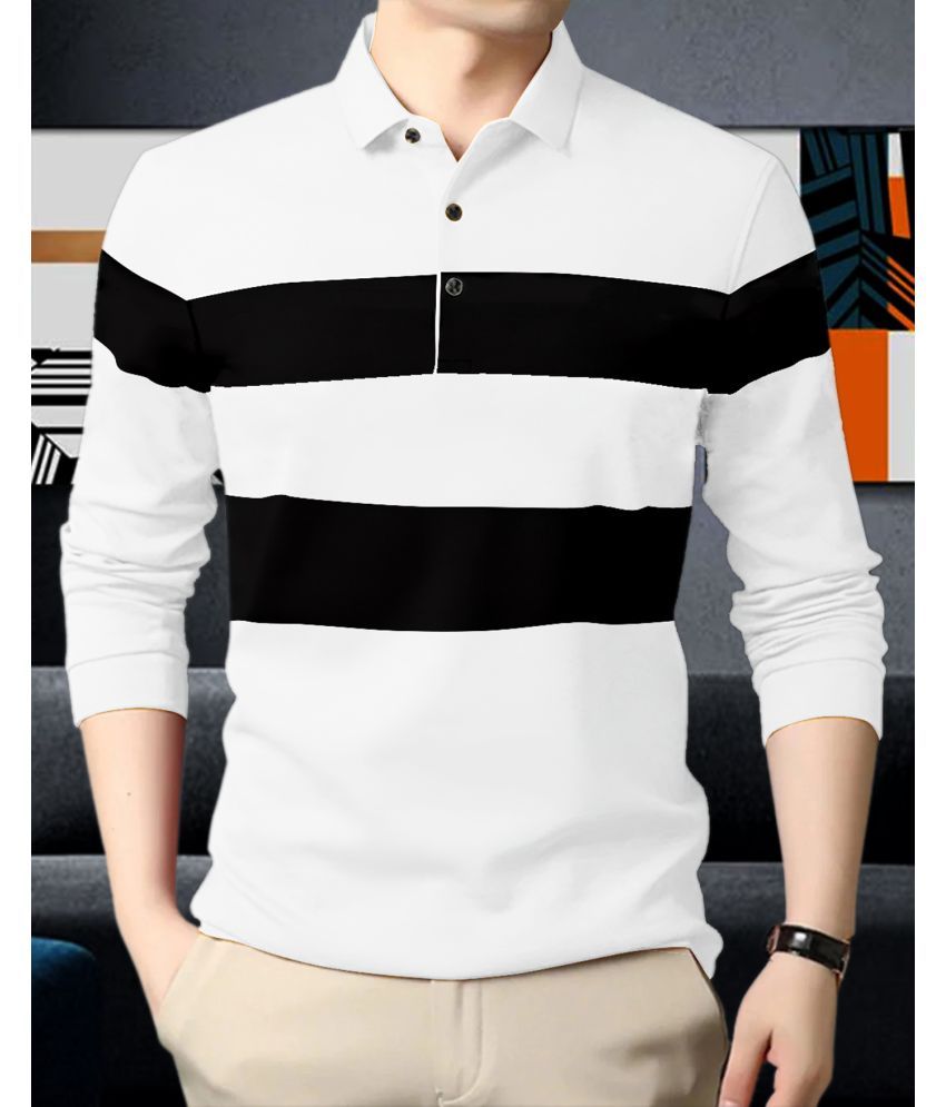     			AOOSH Pack of 1 Cotton Blend Regular Fit Striped Full Sleeves Men's Polo T Shirt ( White )