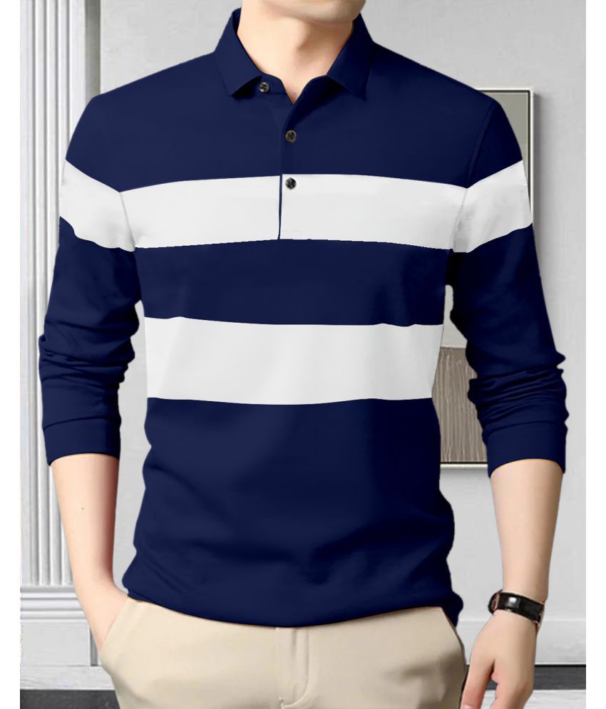     			AOOSH Pack of 1 Cotton Blend Regular Fit Striped Full Sleeves Men's Polo T Shirt ( Navy Blue )