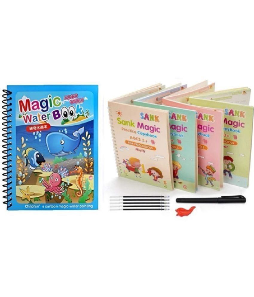     			( Pack Of 2 ) Sank Magic Practice Copybook, (4 Books + 1 Pen + 10 Refill ) & Magic Water Quick Dry Book Water Coloring Book