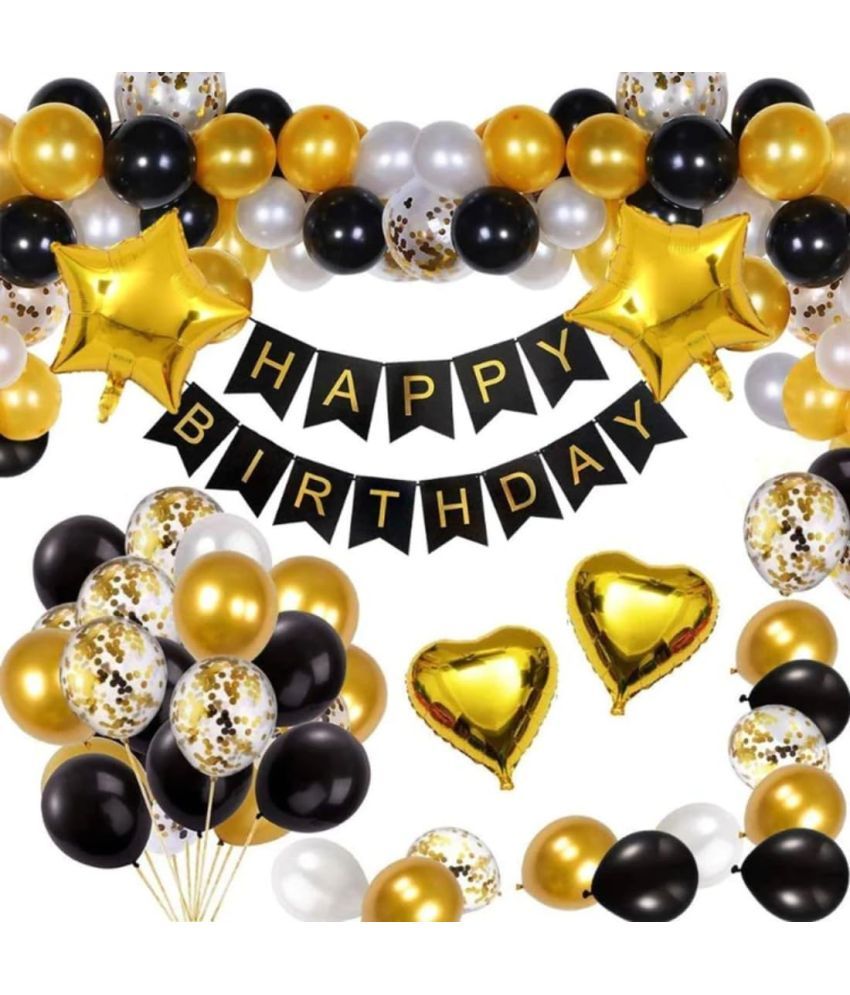     			PartyBooms Happy Birthday Black Banner, 2 Gold Heart Foil Balloon, 2 Gold Stars, 10 Confetti Balloons Balloon 15 White, 15 Black, 15 Gold Balloons, (Pack Of 60)