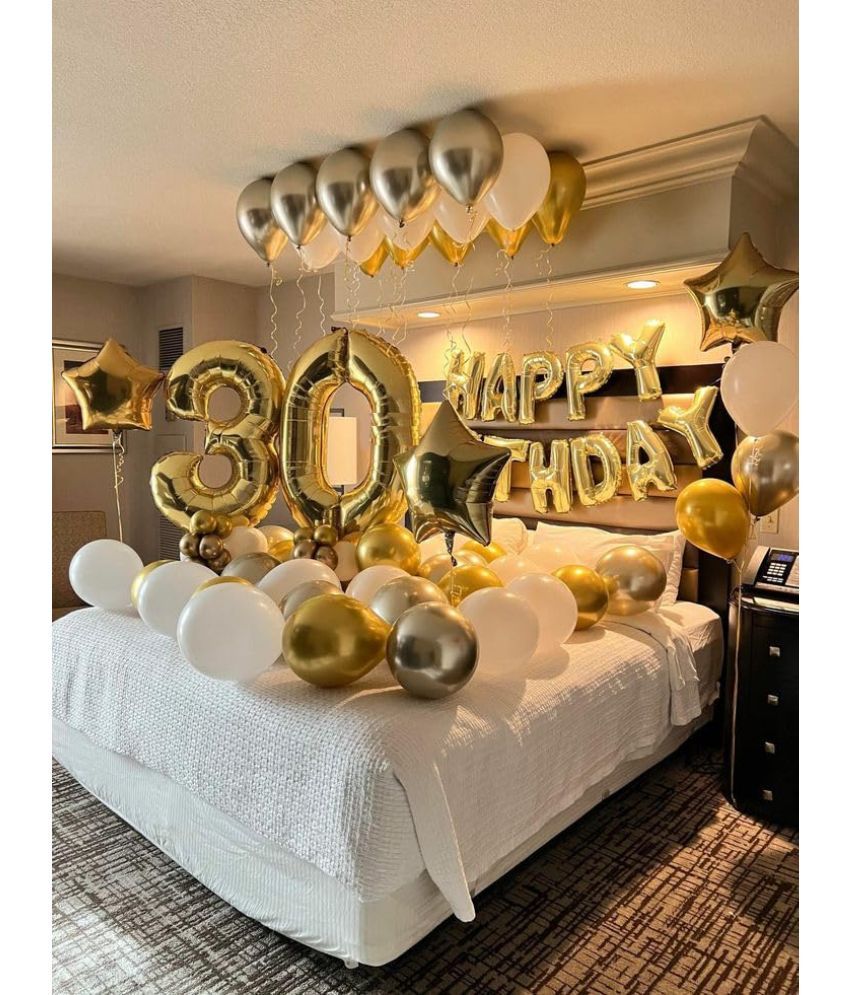     			PartyBooms Happy Birthday Gold Decoration Item, 30 Gold Number Foil & 3 Star Gold Balloons, 10 Each Gold, Silver, White Metallic Balloon Pack of 36