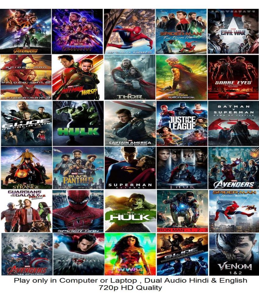     			The Avengers Civil War Justice League Superman Guardians of the Galaxy Ironman Vemon (total 45 Movies) See Description for name of Movies Play only in Computer or Laptop Without Poster HD Print Quality Dual Audio Hindi & English both