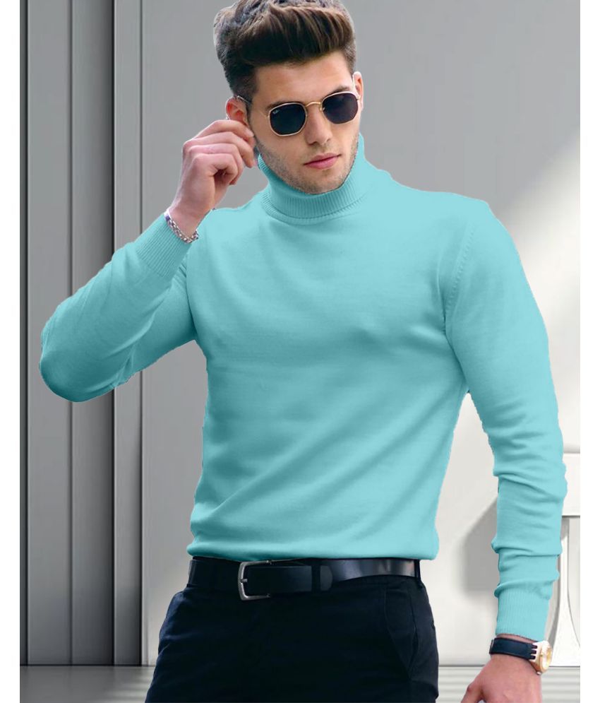     			AOOSH Cotton Blend Regular Fit Solid Full Sleeves Men's High Neck T-Shirt - Aqua Blue ( Pack of 1 )