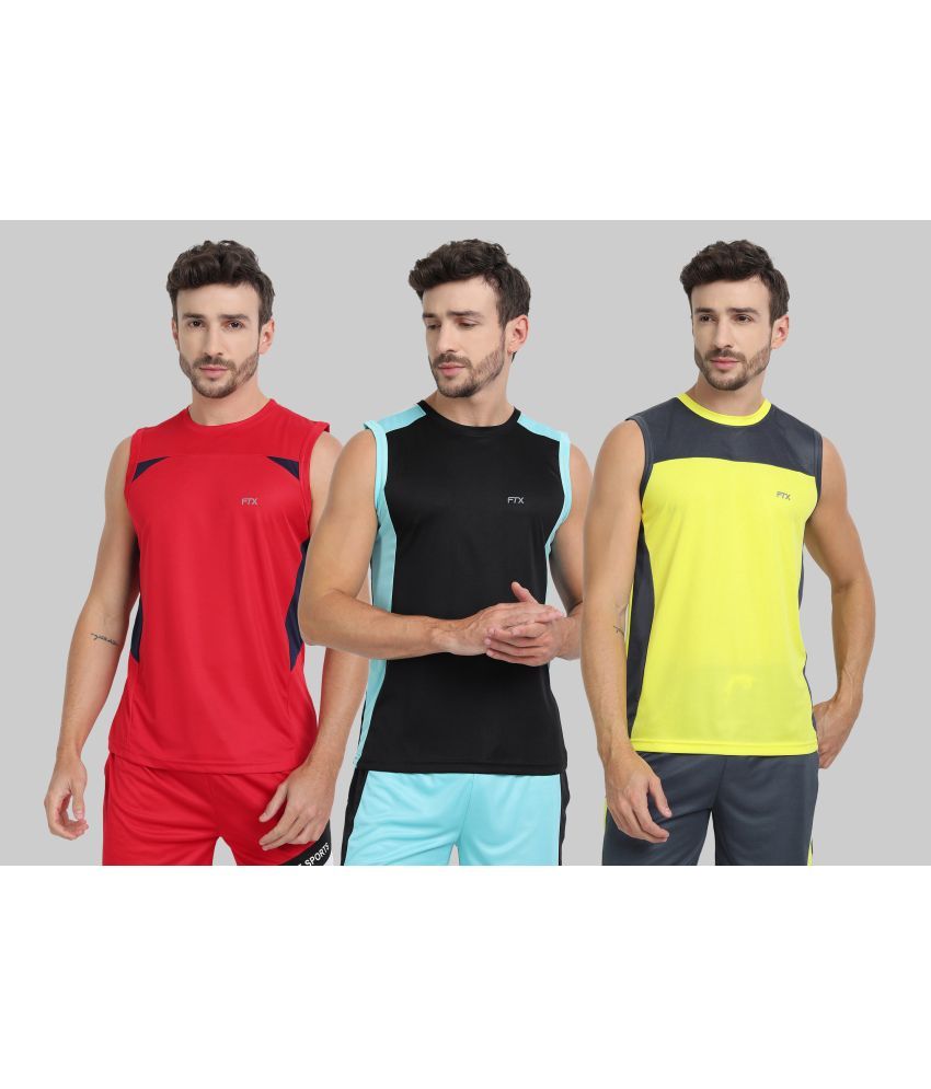     			FTX Polyester Regular Fit Colorblock Sleeveless Men's Round T-Shirt - Yellow ( Pack of 3 )