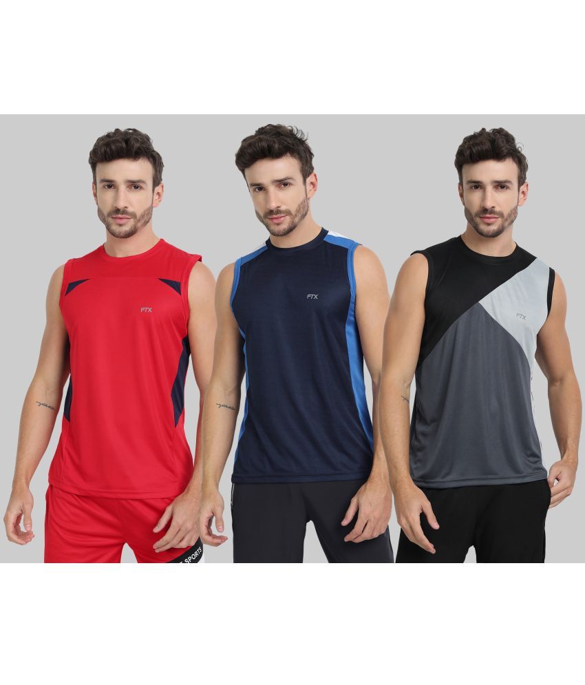     			FTX Polyester Regular Fit Colorblock Sleeveless Men's Round T-Shirt - Navy Blue ( Pack of 3 )