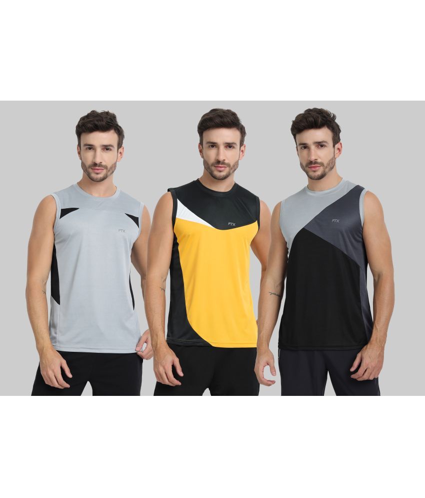     			FTX Polyester Regular Fit Colorblock Sleeveless Men's Round T-Shirt - Grey Melange ( Pack of 3 )