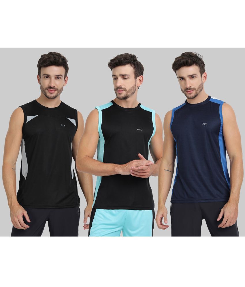     			FTX Polyester Regular Fit Colorblock Sleeveless Men's Round T-Shirt - Navy ( Pack of 3 )