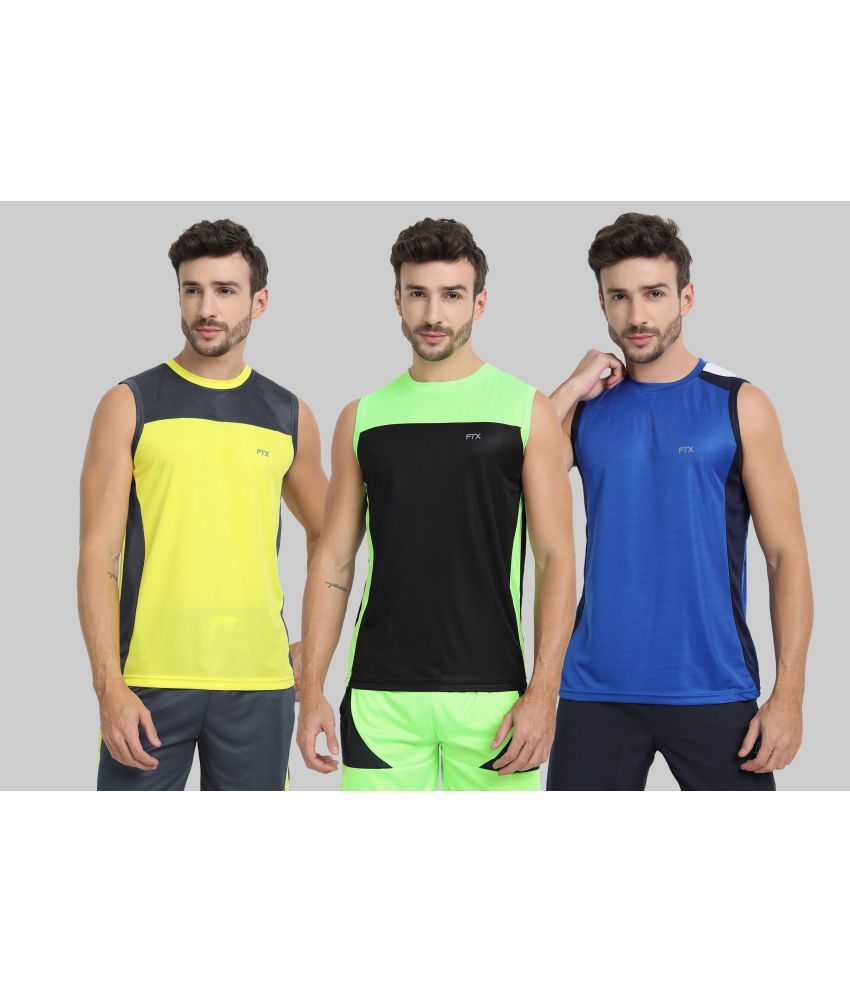     			FTX Polyester Regular Fit Colorblock Sleeveless Men's Round T-Shirt - Blue ( Pack of 3 )