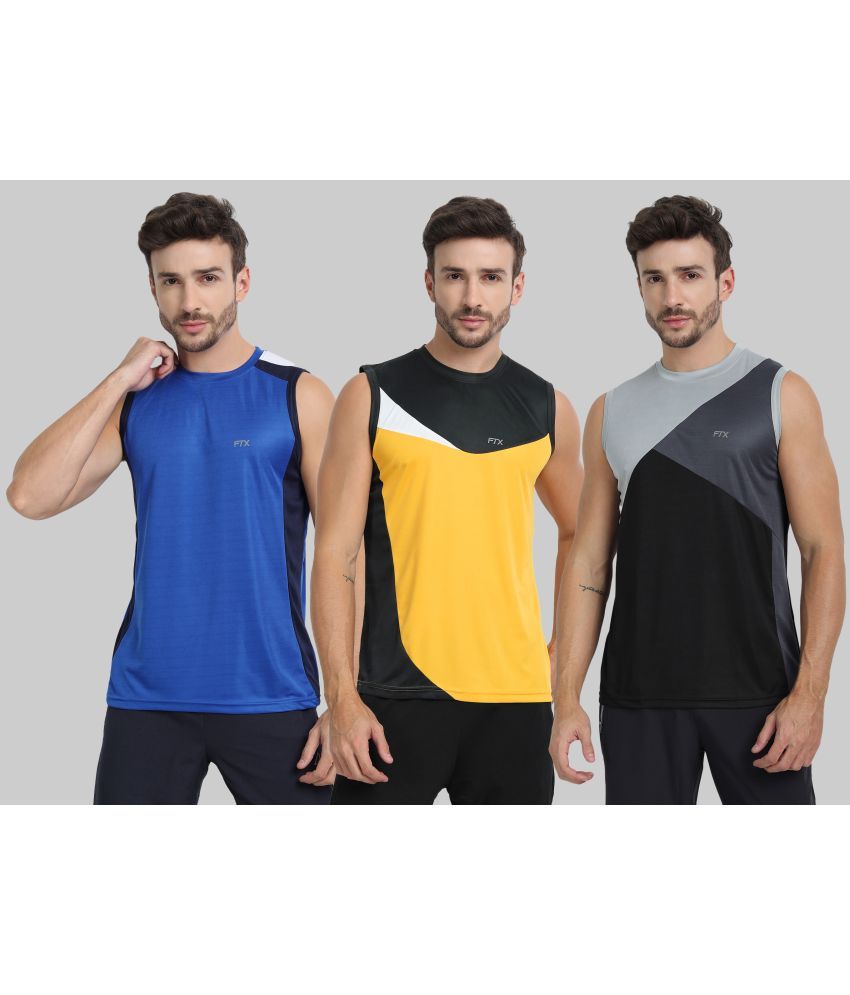     			FTX Polyester Regular Fit Colorblock Sleeveless Men's Round T-Shirt - Melange Blue ( Pack of 3 )