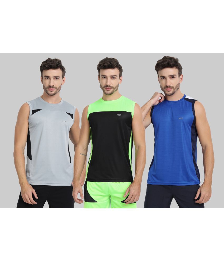     			FTX Polyester Regular Fit Colorblock Sleeveless Men's Round T-Shirt - Blue ( Pack of 3 )