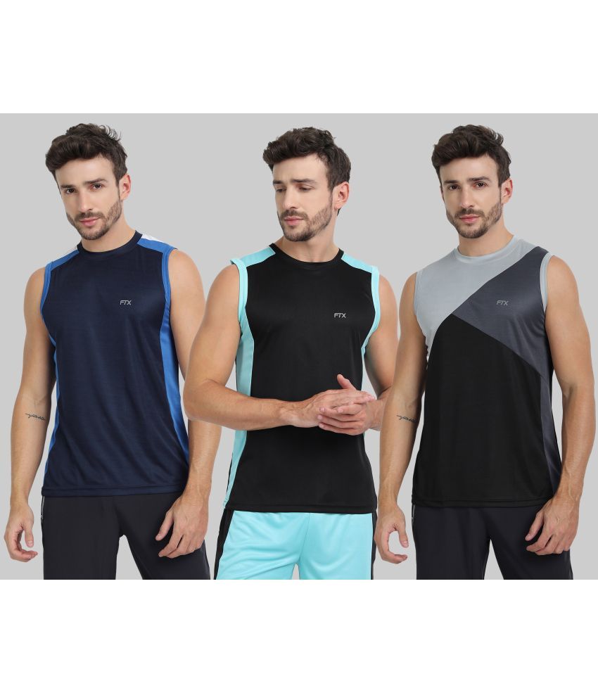     			FTX Polyester Regular Fit Colorblock Sleeveless Men's Round T-Shirt - Navy Blue ( Pack of 3 )