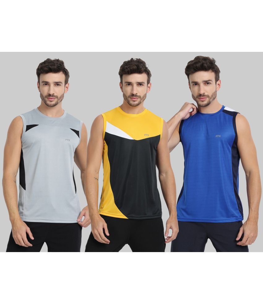     			FTX Polyester Regular Fit Colorblock Sleeveless Men's Round T-Shirt - Blue ( Pack of 3 )